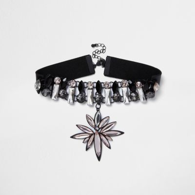 Black crystal star drop choker necklace